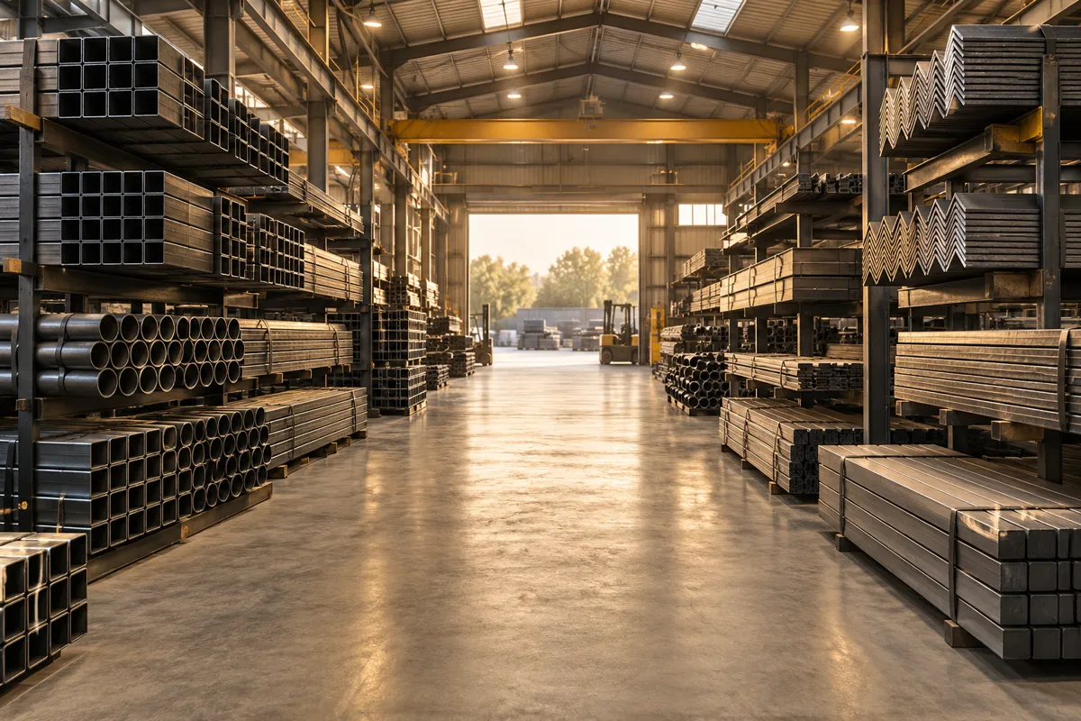 Organized racks of square pipes, round pipes and steel angles